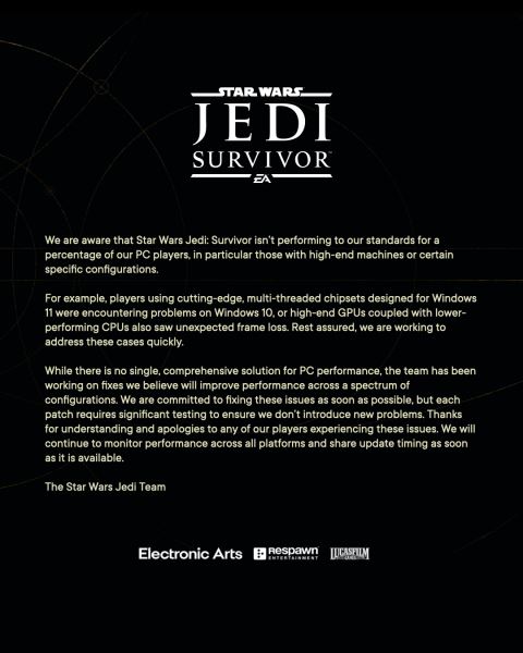 EA выпустила заявление по поводу технических проблем в Star Wars Jedi: Survivor 