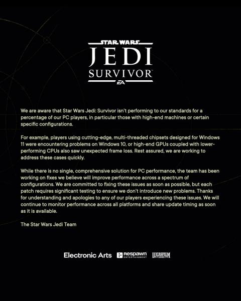 Respawn и EA обещают починить PC-версию Star Wars Jedi: Survivor 